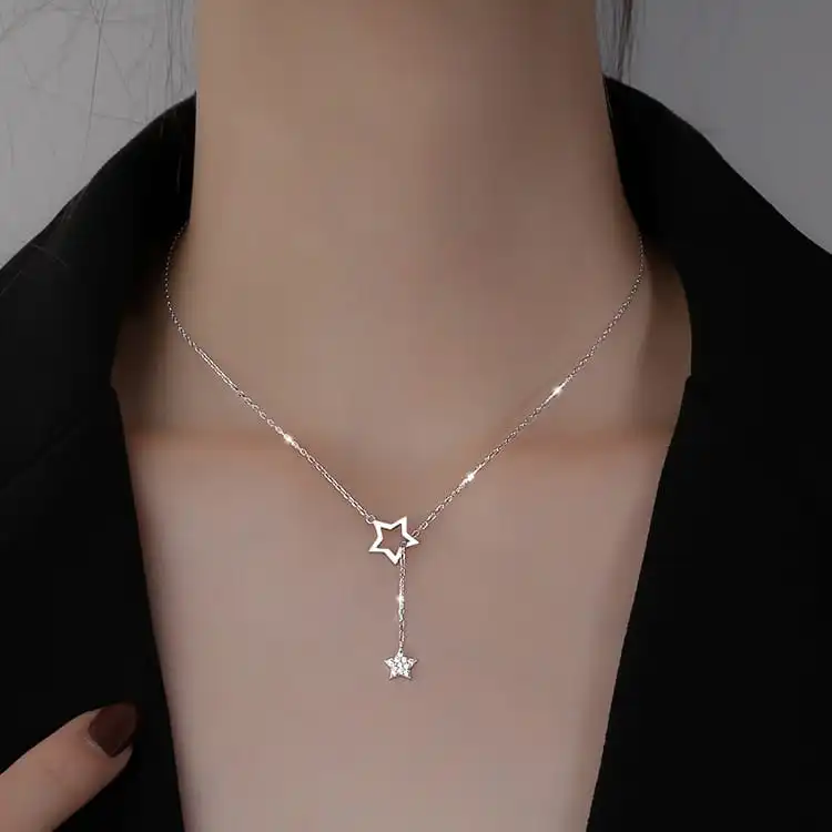 Women Minimalist Pentagram Star Design Copper Necklace with Cross Chain