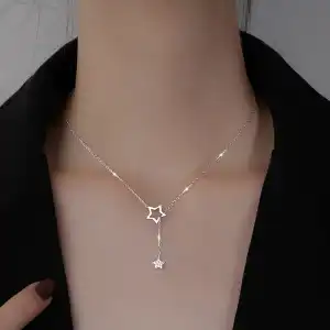 Women Minimalist Pentagram Star Design Copper Necklace with Cross Chain