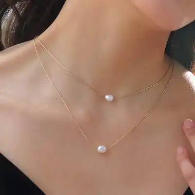 2pcs/set Women Minimalist Geometric Bamboo Chain Pearl Pendant Necklace Set