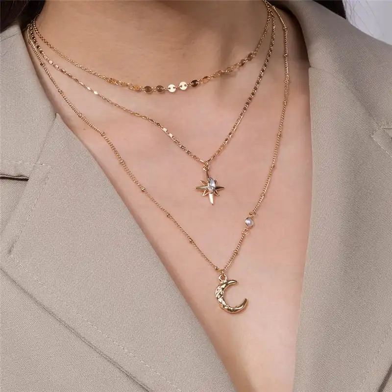 Women's Minimalist Star and Moon Pendant Multilayer Necklace with Copper Alloy Chain