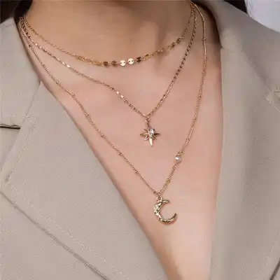 Women's Minimalist Star and Moon Pendant Multilayer Necklace with Copper Alloy Chain