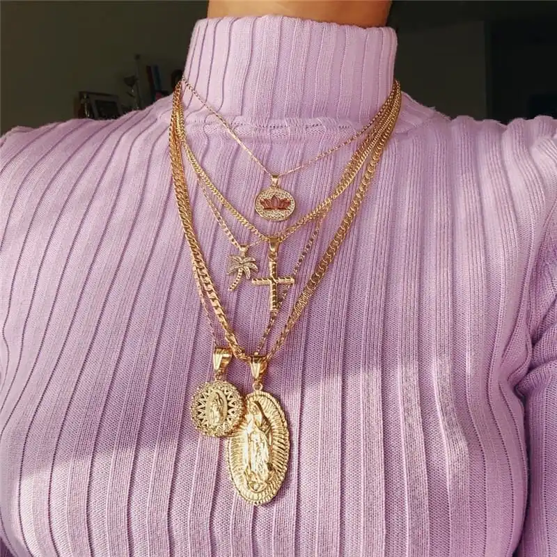 Women Unique Geometric Pendant Multilayer Alloy Necklace