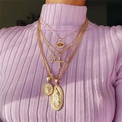 Women Unique Geometric Pendant Multilayer Alloy Necklace