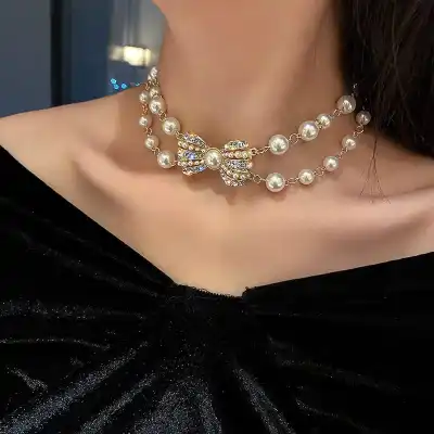Women's Pearl Rhinestone Bow Tie Clavicle Chain Necklace