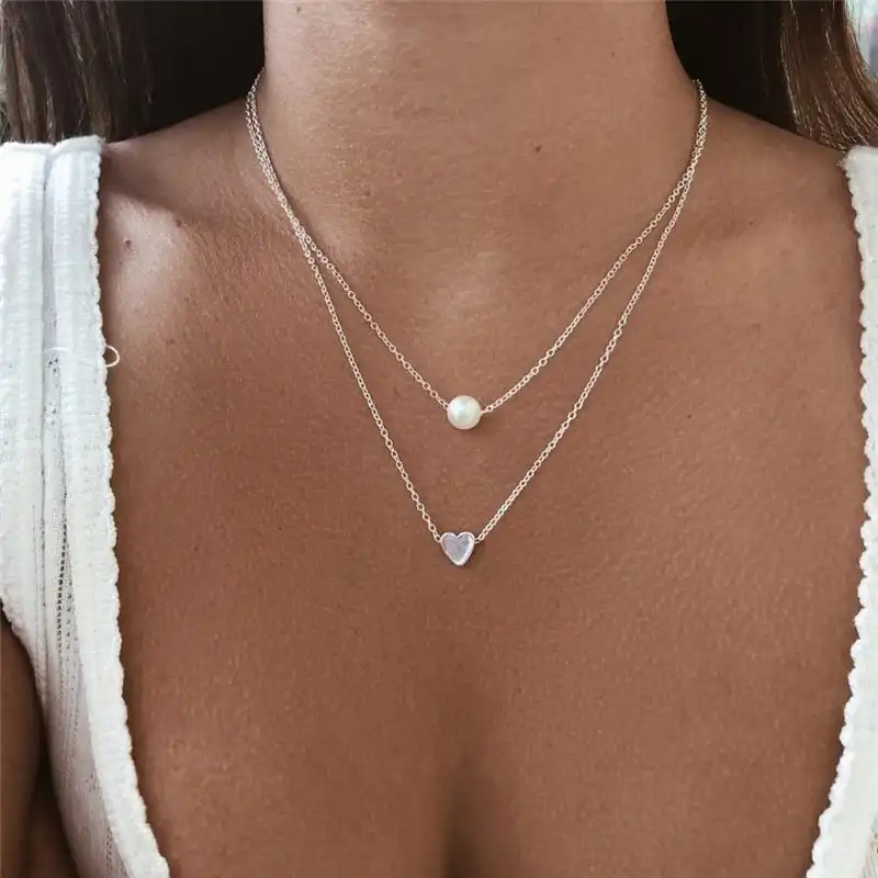 Fashion Women's Pearl Heart Pendant Geometric Design Alloy Necklace