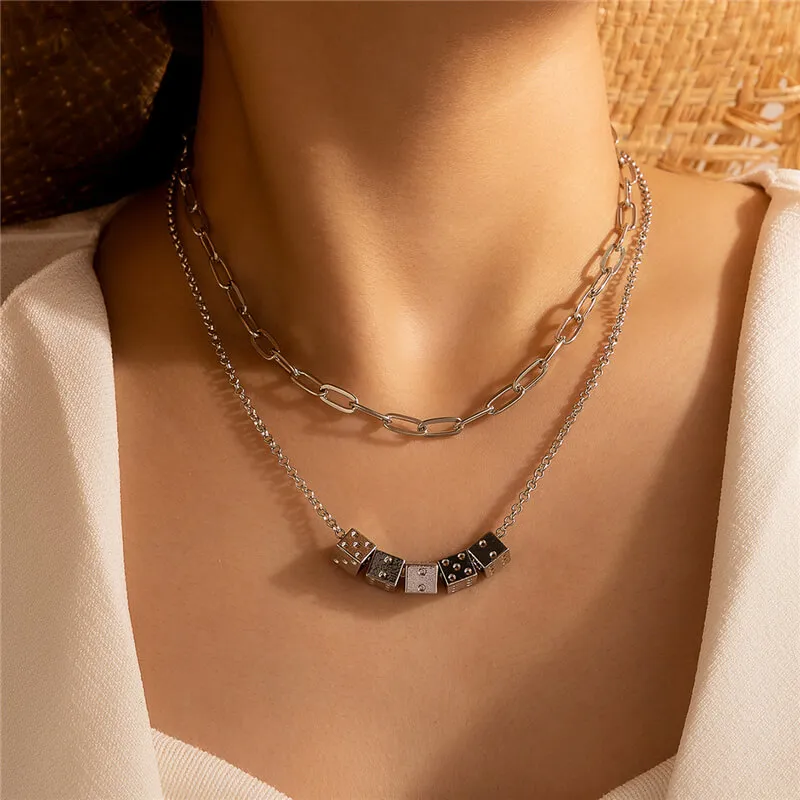 Unique Style Smiley Dice Shape Multilayer Necklace for Women Alloy Geometric