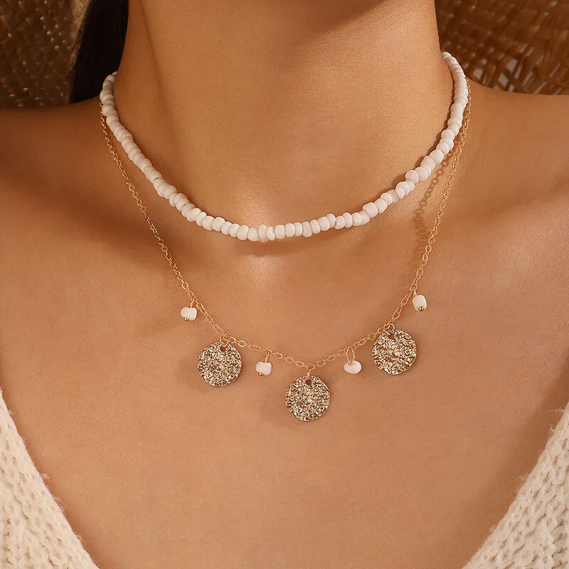 Elegant White Rice Beads And Wafer Design Multilayer Necklace