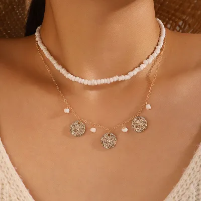 Elegant White Rice Beads And Wafer Design Multilayer Necklace