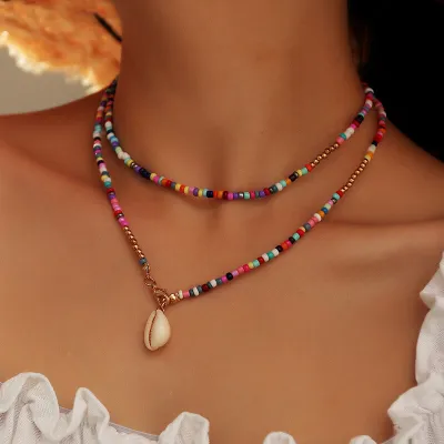 Bohemian Colorful Rice Beads Strands Shell Pendant Necklace Women