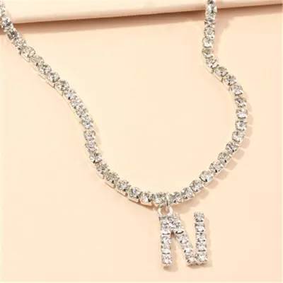 Fashion 26 English Letters Alphabet Pendant Full Rhinestone Necklace for Women