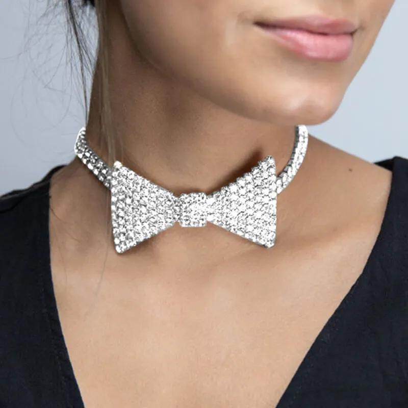 Women Shiny Full Rhinestone Decorative Butterfly Choker Necklace