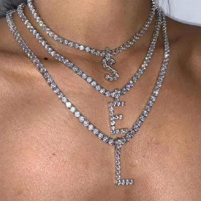 Women Creativity 26 Letter Design Full Rhinestone Decorative Necklace Ball Chain
