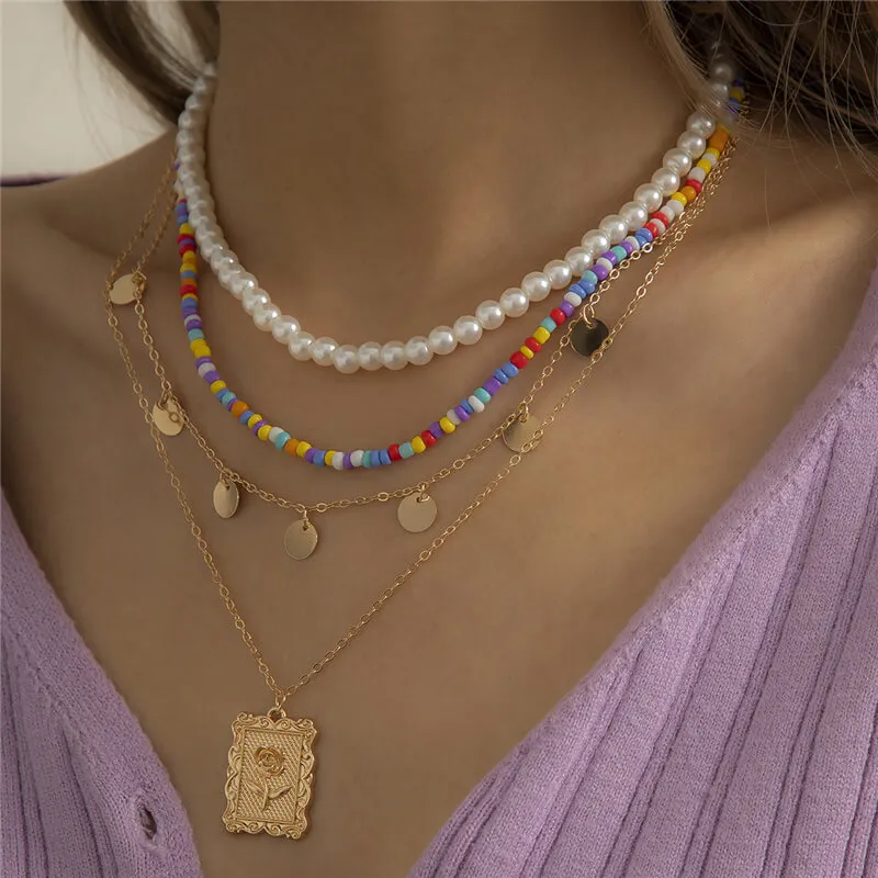 4pcs Bohemian Style Relief Pendant And Bead Decorative Necklace Set With Artificial Pearl And Alloy