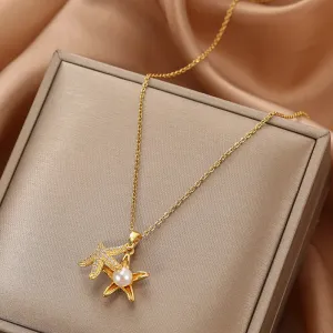 Women Unique Starfish Pendant Pearl Decorative Necklace
