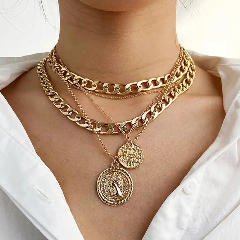 Women Fashion Round Shape Geometric Pendant Multilayer Necklace