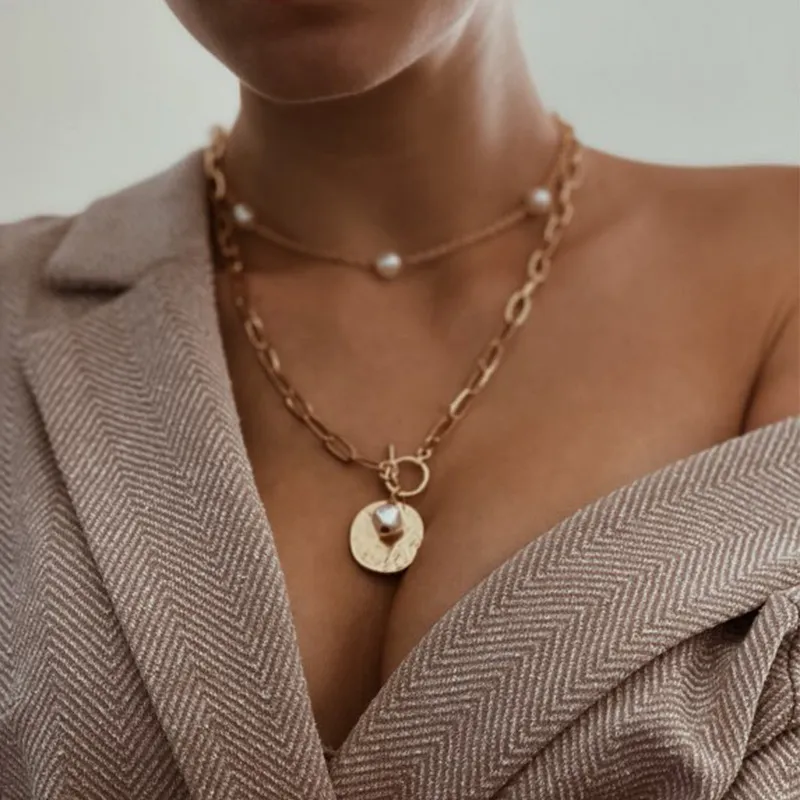 Women Alloy Pearl Decorate Geometric Ball Chain Long Necklace