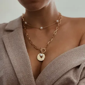 Women Alloy Pearl Decorate Geometric Ball Chain Long Necklace