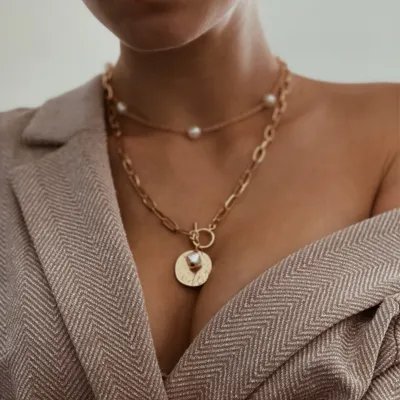 Women Alloy Pearl Decorate Geometric Ball Chain Long Necklace