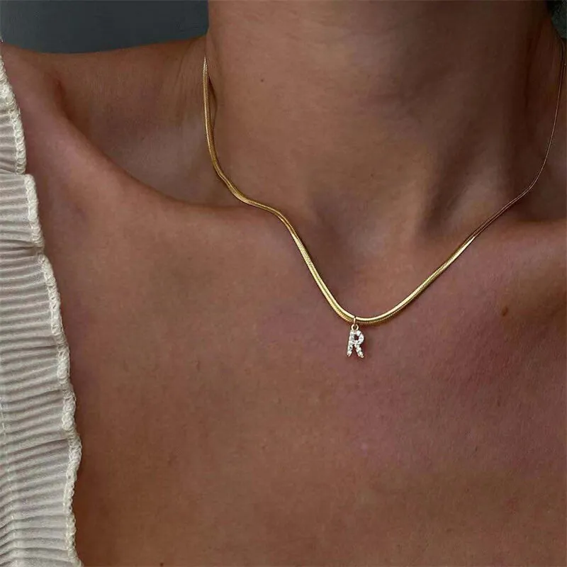 Women Delicate 26 Alphabet Letter Rhinestone Copper Necklace