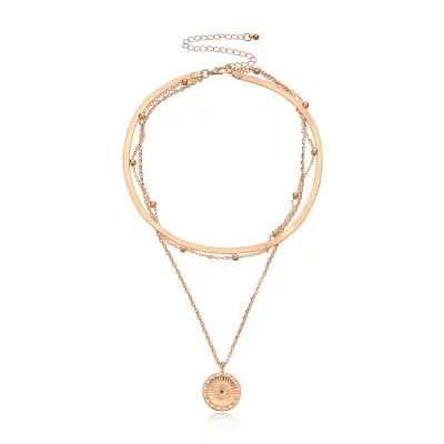 Women's Minimalist Geometric Mother-of-Pearl Pendant Multilayer Necklace with Cross Chain