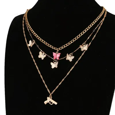 Women Unique Butterfly And Letter Decorate Multilayer Chain Necklace