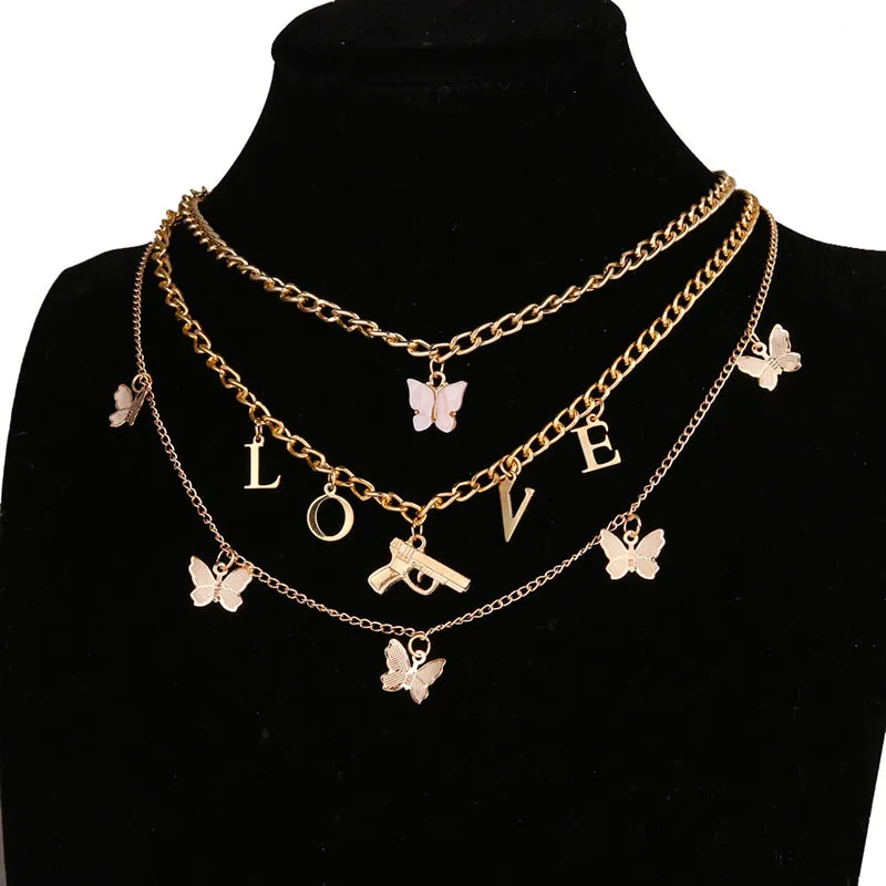 Women Unique Butterfly And Letter Decorate Multilayer Chain Necklace