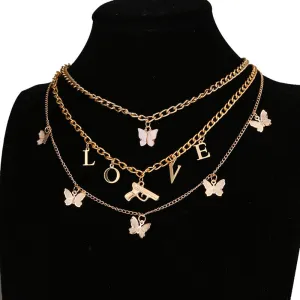 Women Unique Butterfly And Letter Decorate Multilayer Chain Necklace