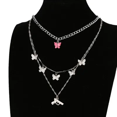 Women Unique Butterfly And Letter Decorate Multilayer Chain Necklace