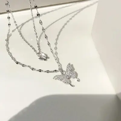 Women Shinning Butterfly Multilayer Necklace with Copper Pendant