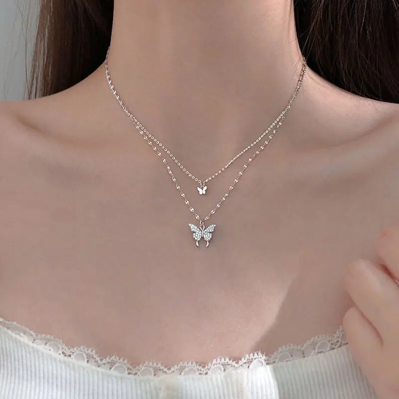 Women Shinning Butterfly Multilayer Necklace with Copper Pendant