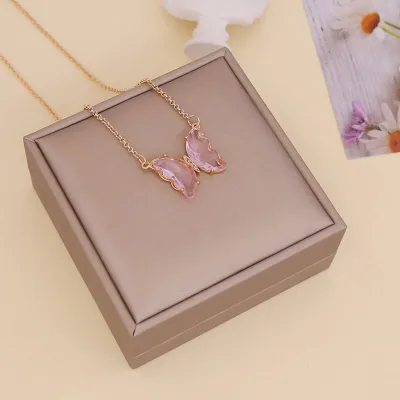 Women Fashion Butterfly Decorate Glass Ball Chain Necklace