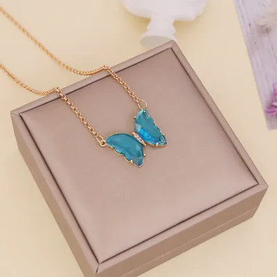 Women Fashion Butterfly Decorate Glass Ball Chain Necklace