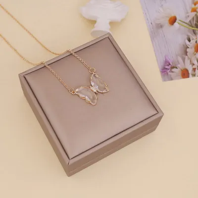 Women Fashion Butterfly Decorate Glass Ball Chain Necklace