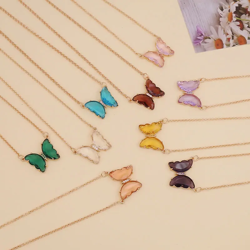 Women Fashion Butterfly Decorate Glass Ball Chain Necklace