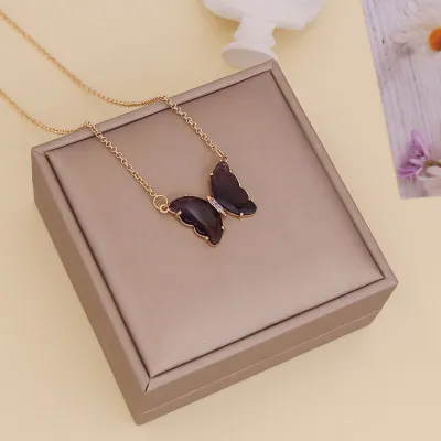 Women Fashion Butterfly Decorate Glass Ball Chain Necklace