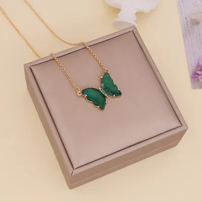 Women Fashion Butterfly Decorate Glass Ball Chain Necklace