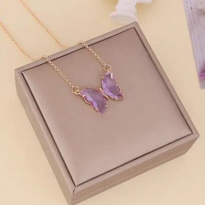 Women Fashion Butterfly Decorate Glass Ball Chain Necklace