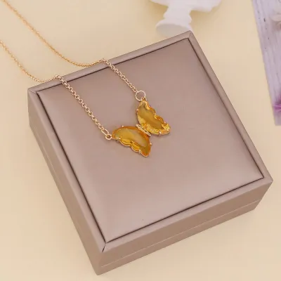 Women Fashion Butterfly Decorate Glass Ball Chain Necklace