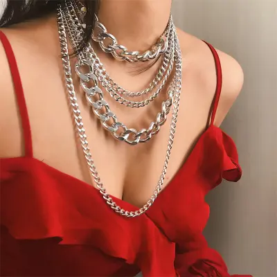 Exaggerated Metal Multilayer Tassel Necklace For Women Simple Geometric Chain