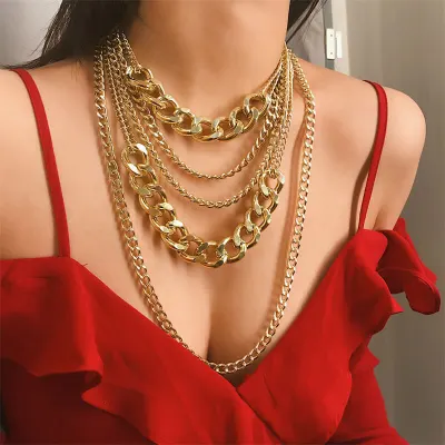 Exaggerated Metal Multilayer Tassel Necklace For Women Simple Geometric Chain
