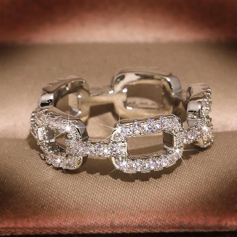 Fashion Hollow Rectangular Full Diamond Ring for Women