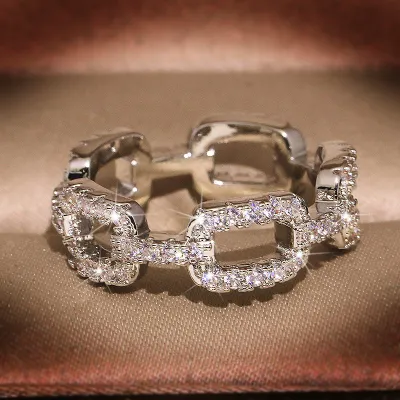 Fashion Hollow Rectangular Full Diamond Ring for Women