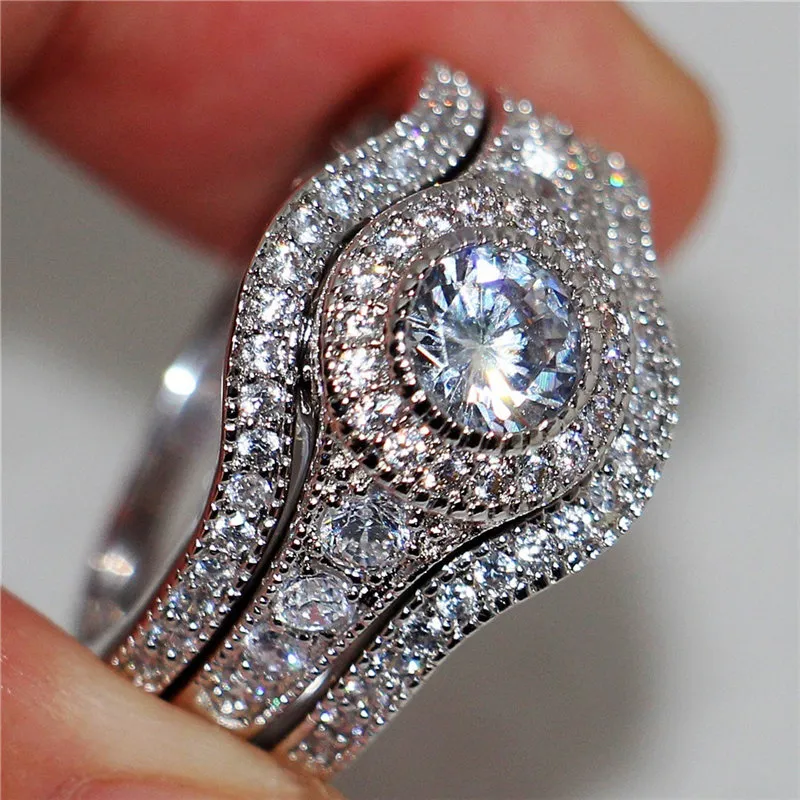 3pcs/set Shiny Zircon Decor Women's Brass Ring Set Geometric