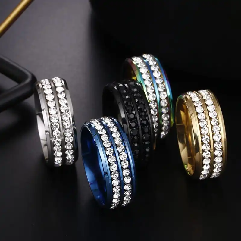Men's Stainless Steel Double Row Rhinestone Geometric Decorative Ring
