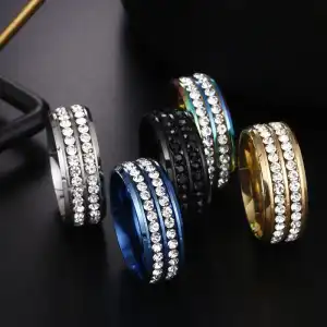 Men's Stainless Steel Double Row Rhinestone Geometric Decorative Ring