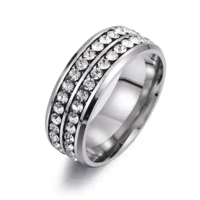 Men's Stainless Steel Double Row Rhinestone Geometric Decorative Ring