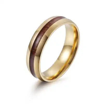Men Fashion Stainless Steel Wood Inlay Design Ring With Drip Oil