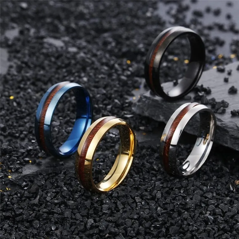 Men Fashion Stainless Steel Wood Inlay Design Ring With Drip Oil