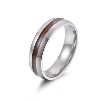 Men Fashion Stainless Steel Wood Inlay Design Ring With Drip Oil