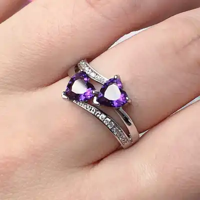 Women Unique Double Heart Shaped Zircon Decorative Ring Fashion Copper Jewelry